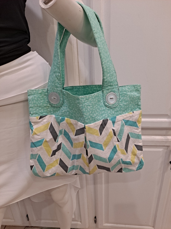 Artisan Handbags - Artisan Crafted Mint, White, Gray, and Teal Chevron Pleated Mini Tote W/buttons
